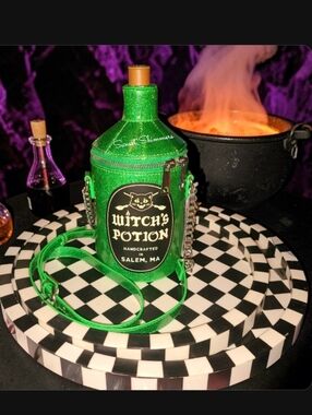3D Witches Potion Black Cat Green Glittered Crossbody Bag Goth Purse Halloween